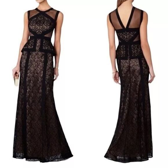 BCBG MAX AZRIA Viviana illusion lace peplum gown Black
